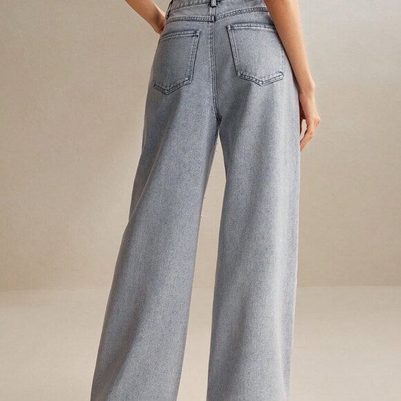 Teal Blue Casual Women's Pearl Decorated Denim Straight-Leg Pants - Picture 4 of 6